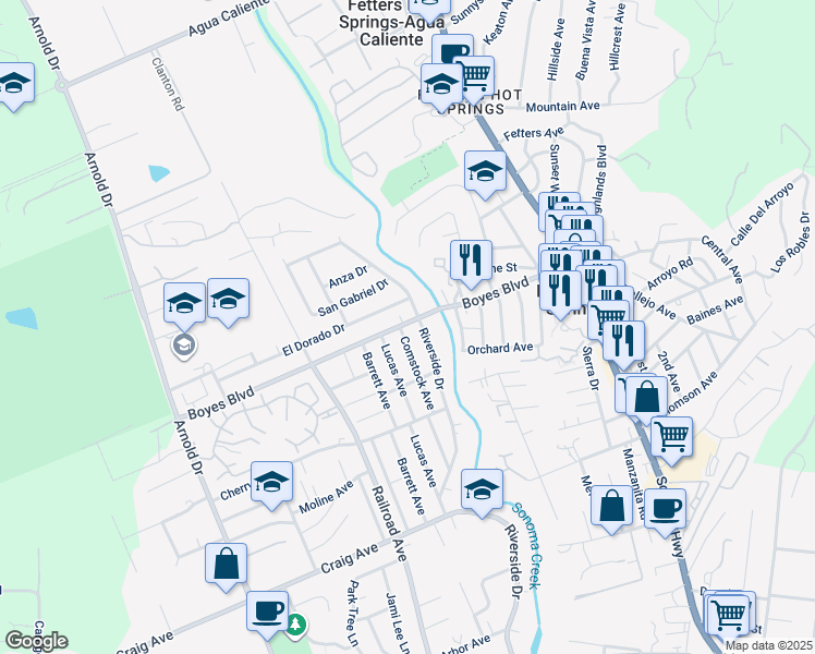 map of restaurants, bars, coffee shops, grocery stores, and more near 18005 Comstock Avenue in Sonoma