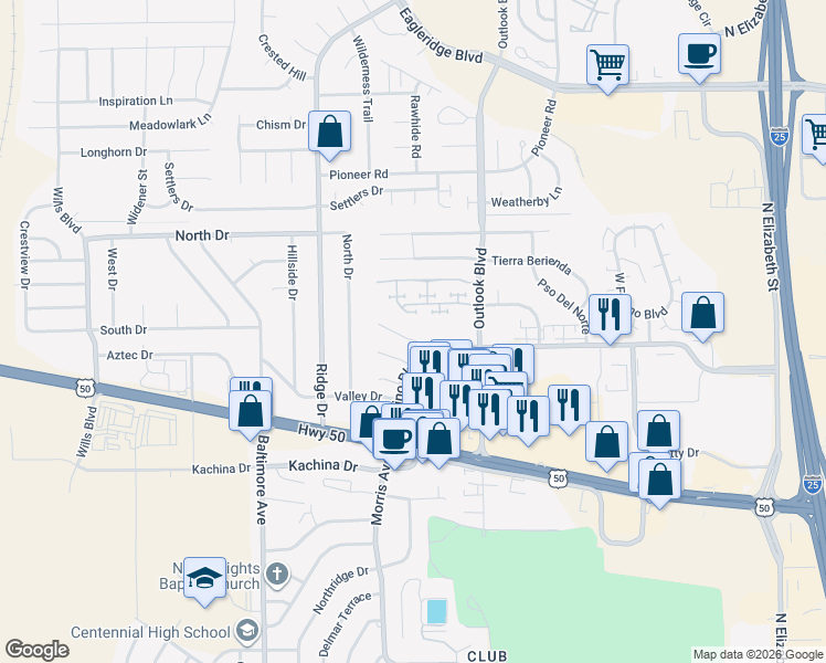 map of restaurants, bars, coffee shops, grocery stores, and more near 27 Frances Place in Pueblo