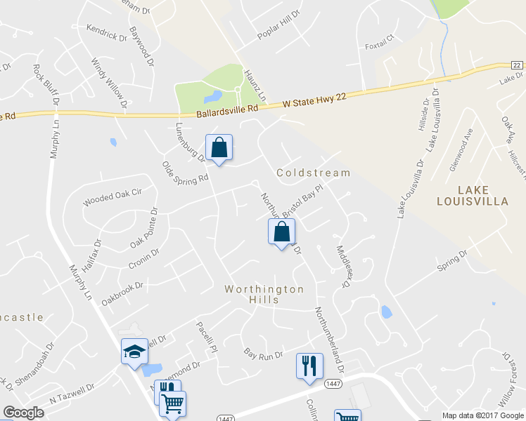 map of restaurants, bars, coffee shops, grocery stores, and more near 12011 Luray Court in Louisville