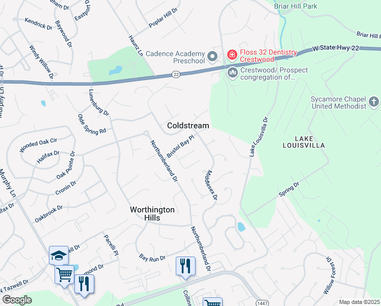 map of restaurants, bars, coffee shops, grocery stores, and more near Amber Woods Court in Worthington Hills