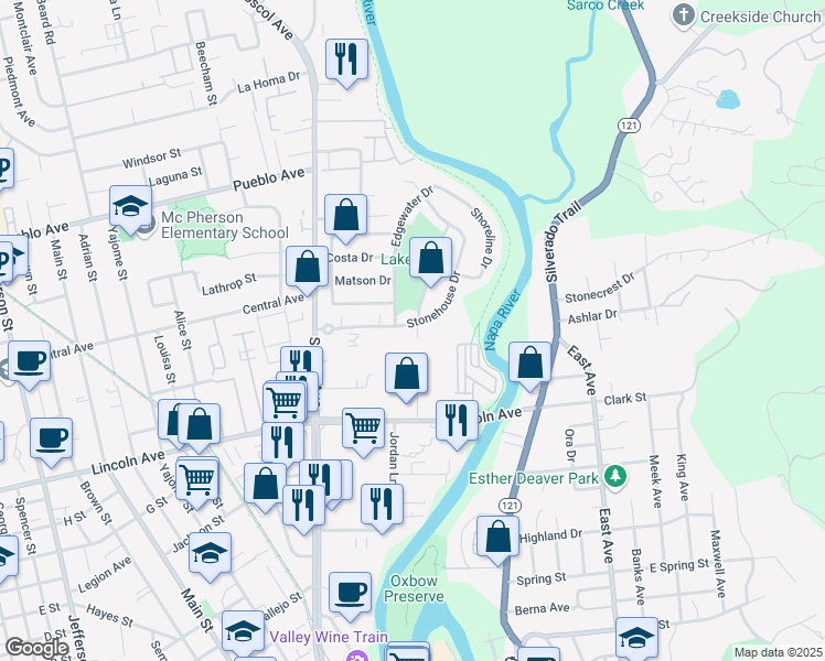 map of restaurants, bars, coffee shops, grocery stores, and more near 487 Stonehouse Drive in Napa