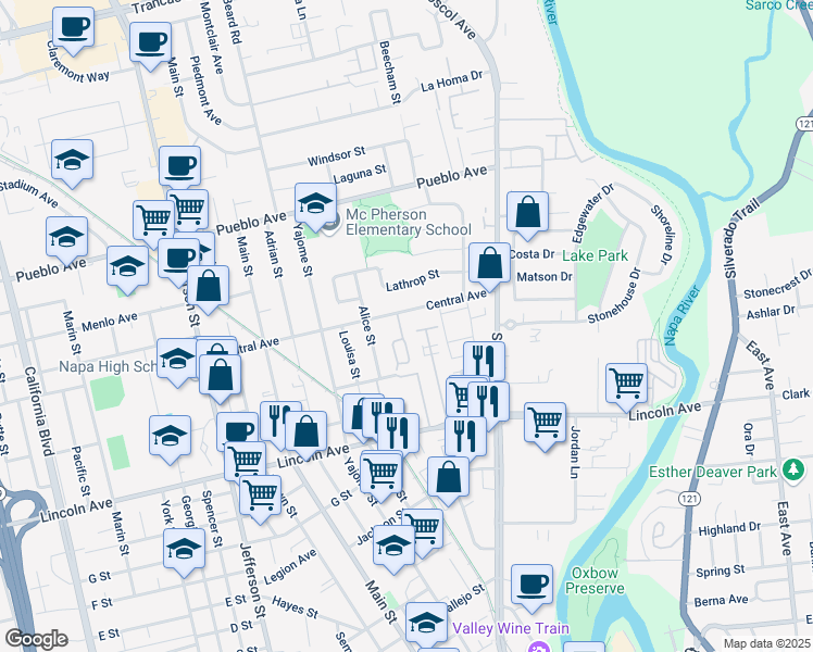 map of restaurants, bars, coffee shops, grocery stores, and more near 6 Valley West Circle in Napa