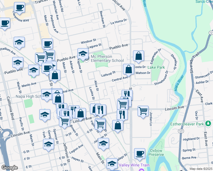 map of restaurants, bars, coffee shops, grocery stores, and more near 6 Valley West Circle in Napa
