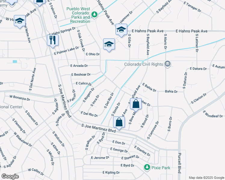 map of restaurants, bars, coffee shops, grocery stores, and more near 611 S Del Rio Dr in Pueblo