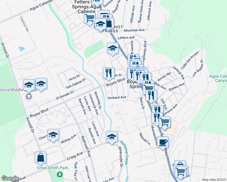 map of restaurants, bars, coffee shops, grocery stores, and more near 18033 Mulberry Ave in Sonoma