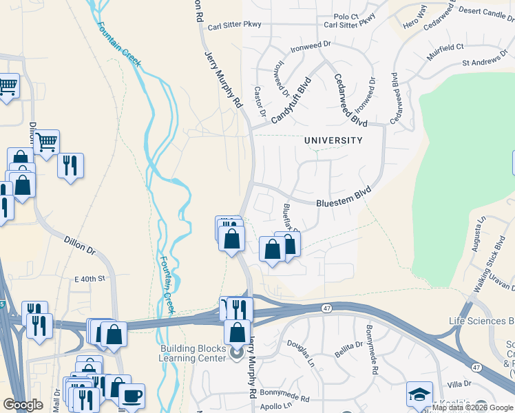 map of restaurants, bars, coffee shops, grocery stores, and more near 22 Terrace Drive in Pueblo