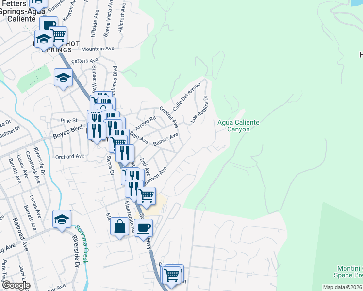 map of restaurants, bars, coffee shops, grocery stores, and more near 1036 Central Avenue in Sonoma