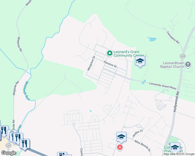map of restaurants, bars, coffee shops, grocery stores, and more near 23567 Pine Bluff Way in Leonardtown