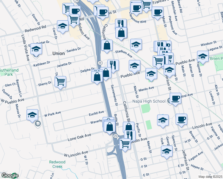 map of restaurants, bars, coffee shops, grocery stores, and more near 2851 Sacramento Street in Napa