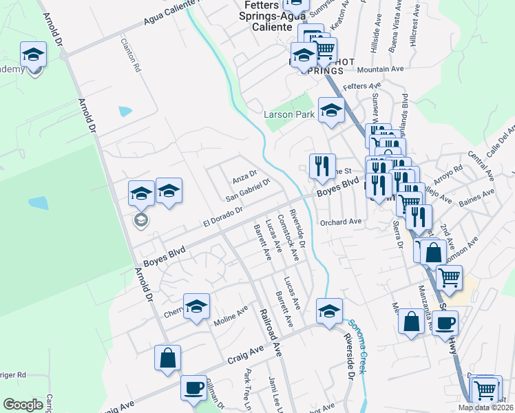 map of restaurants, bars, coffee shops, grocery stores, and more near 470 El Dorado Drive in Sonoma