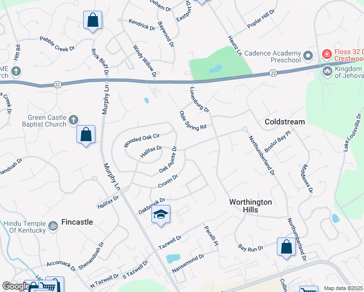 map of restaurants, bars, coffee shops, grocery stores, and more near 11813 Halifax Drive in Louisville