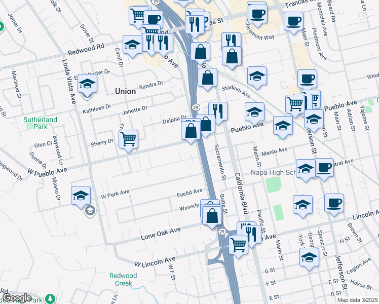 map of restaurants, bars, coffee shops, grocery stores, and more near 2931 Solano Avenue in Napa