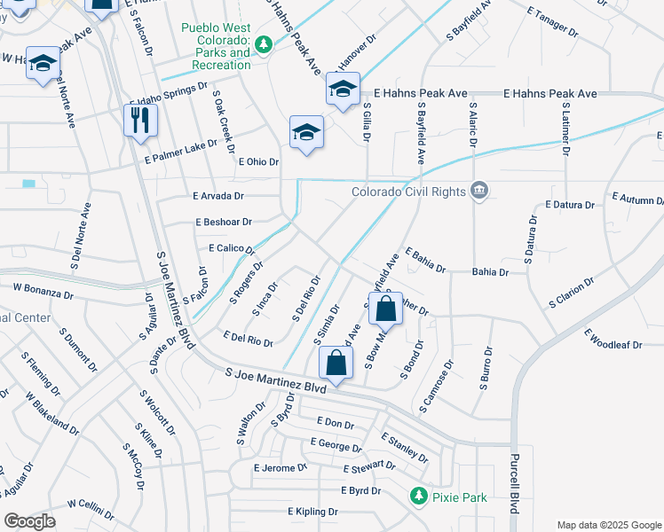 map of restaurants, bars, coffee shops, grocery stores, and more near 611 S Del Rio Dr in Pueblo
