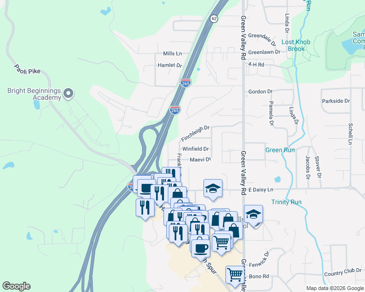 map of restaurants, bars, coffee shops, grocery stores, and more near 122 Franklin Drive in New Albany