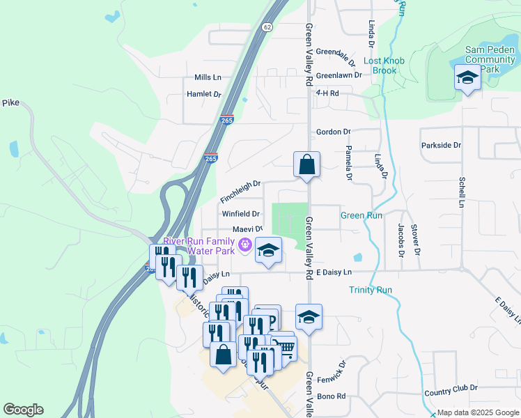 map of restaurants, bars, coffee shops, grocery stores, and more near 226 Maevi Drive in New Albany