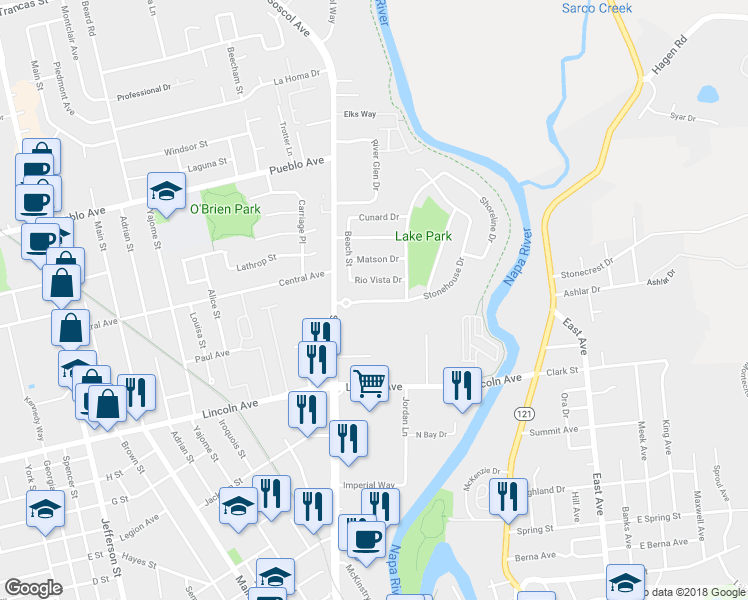 map of restaurants, bars, coffee shops, grocery stores, and more near 616 Stonehouse Drive in Napa