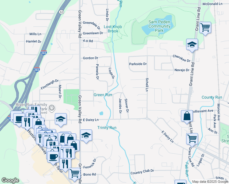 map of restaurants, bars, coffee shops, grocery stores, and more near 803 Pamela Drive in New Albany