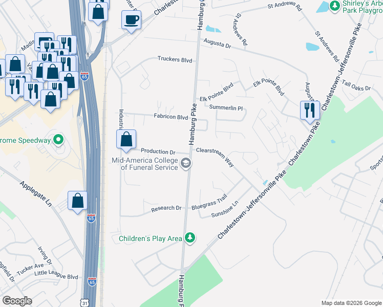 map of restaurants, bars, coffee shops, grocery stores, and more near 1622-1698 Production Drive in Jeffersonville