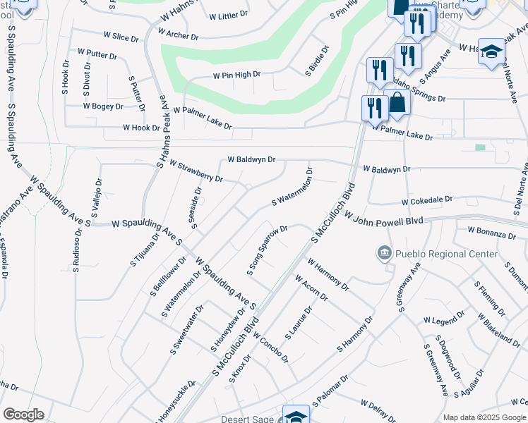 map of restaurants, bars, coffee shops, grocery stores, and more near 580 South Watermelon Drive in Pueblo West