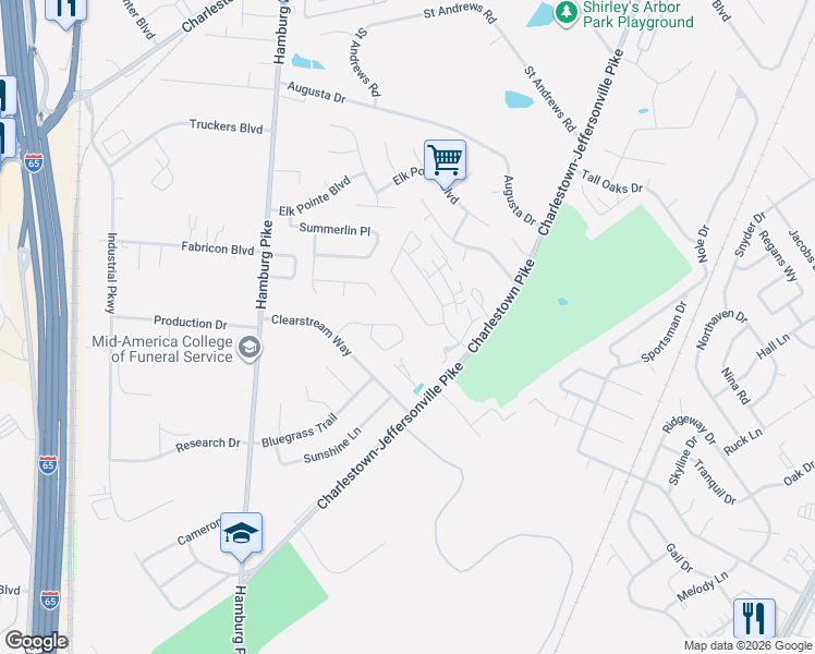 map of restaurants, bars, coffee shops, grocery stores, and more near 3018 Pebble Brook in Jeffersonville