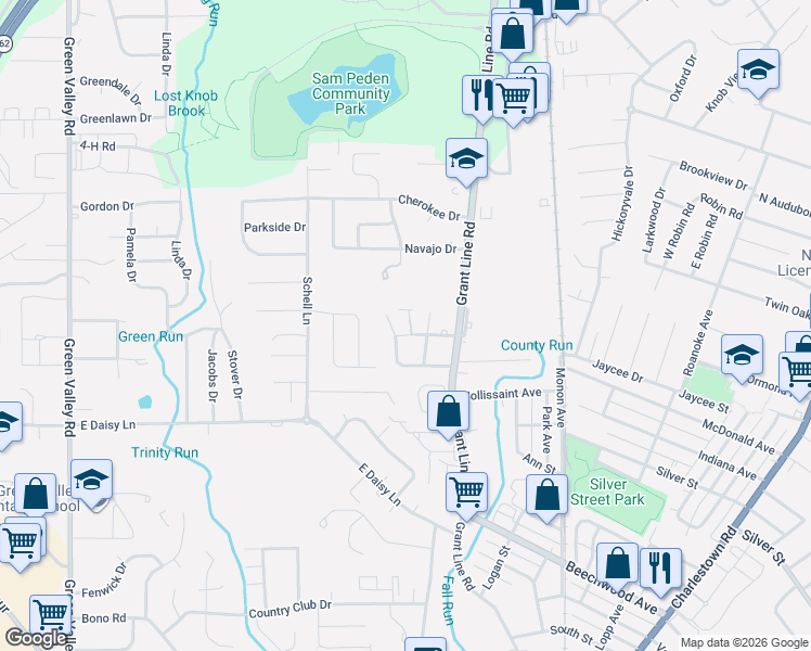 map of restaurants, bars, coffee shops, grocery stores, and more near 629 Knob Hill Avenue in New Albany