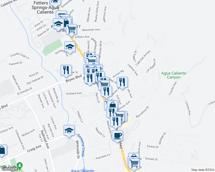 map of restaurants, bars, coffee shops, grocery stores, and more near 68 Arroyo Road in Sonoma