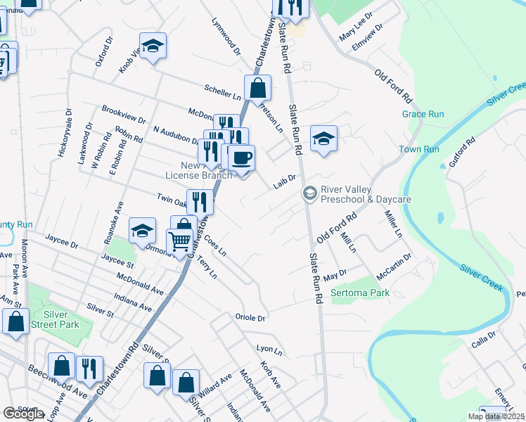 map of restaurants, bars, coffee shops, grocery stores, and more near 55 Lochwood Court in New Albany