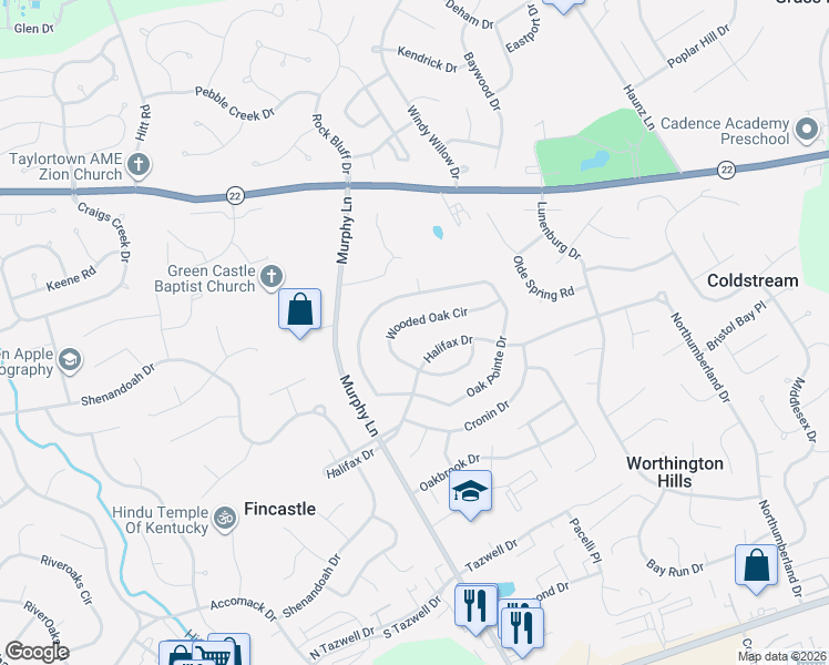 map of restaurants, bars, coffee shops, grocery stores, and more near 4721 Wooded Oak Circle in Louisville