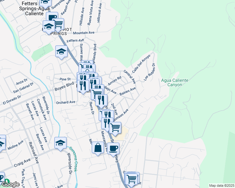 map of restaurants, bars, coffee shops, grocery stores, and more near Vallejo Avenue & Baines Avenue in Sonoma