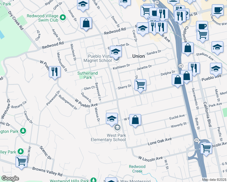 map of restaurants, bars, coffee shops, grocery stores, and more near 3039 Linda Vista Avenue in Napa