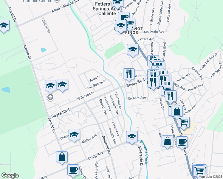 map of restaurants, bars, coffee shops, grocery stores, and more near 355 Boyes Boulevard in Sonoma