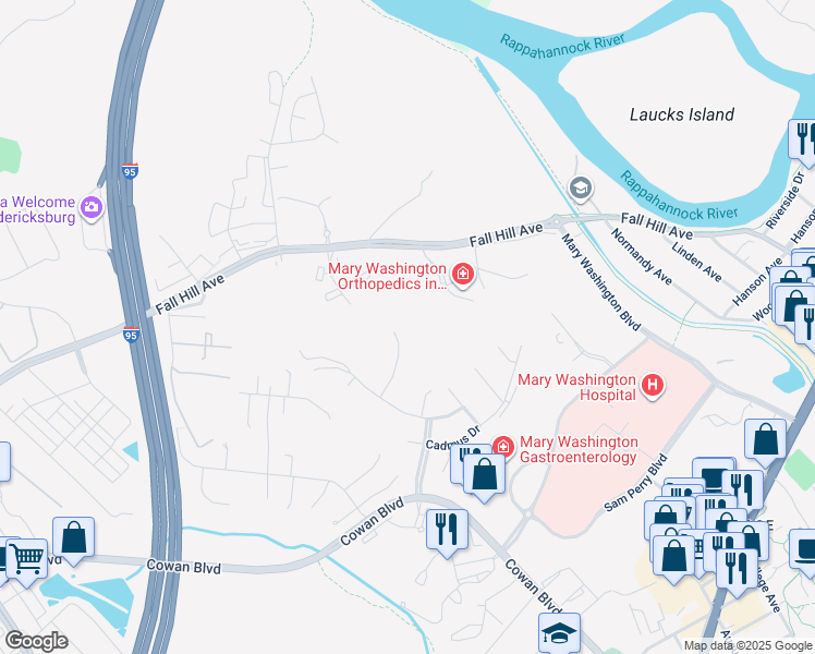 map of restaurants, bars, coffee shops, grocery stores, and more near 1011 Featherston Court in Fredericksburg