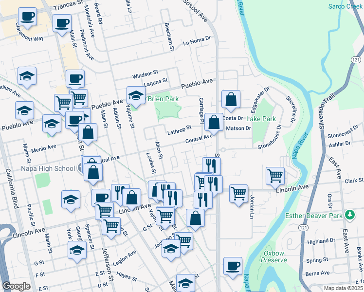map of restaurants, bars, coffee shops, grocery stores, and more near 6 Valley West Circle in Napa
