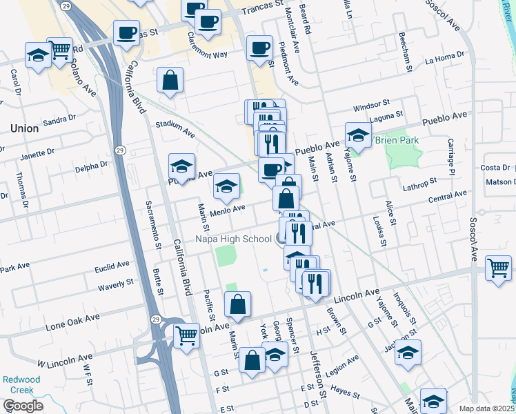 map of restaurants, bars, coffee shops, grocery stores, and more near 1340 Park Avenue in Napa