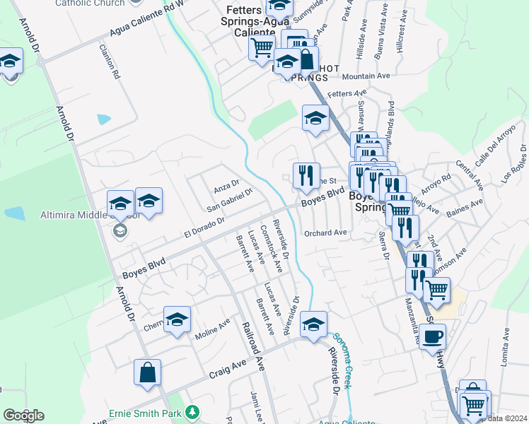 map of restaurants, bars, coffee shops, grocery stores, and more near 18005 Comstock Avenue in Sonoma