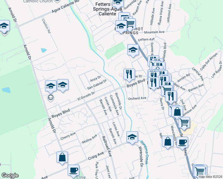 map of restaurants, bars, coffee shops, grocery stores, and more near 355 Boyes Boulevard in Sonoma