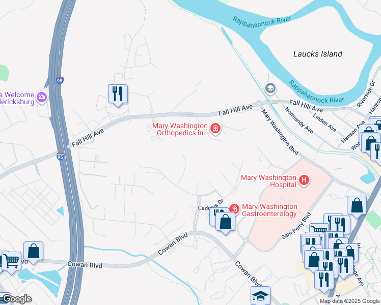 map of restaurants, bars, coffee shops, grocery stores, and more near 1011 Featherston Court in Fredericksburg