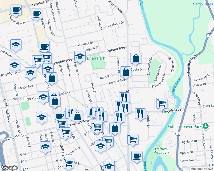 map of restaurants, bars, coffee shops, grocery stores, and more near 759 Central Avenue in Napa