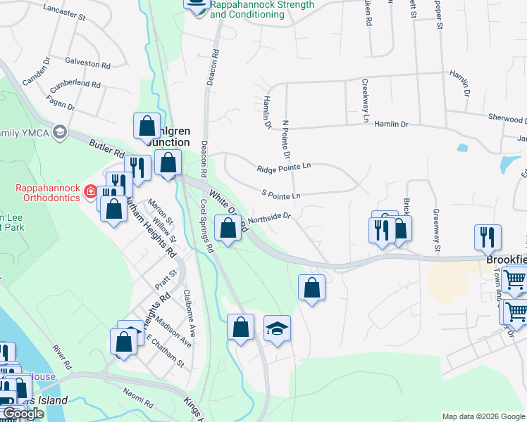 map of restaurants, bars, coffee shops, grocery stores, and more near 807 Northside Drive in Fredericksburg