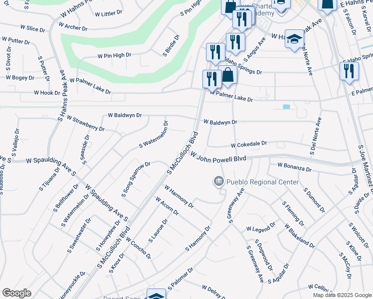 map of restaurants, bars, coffee shops, grocery stores, and more near 398 West John Powell Boulevard in Pueblo West