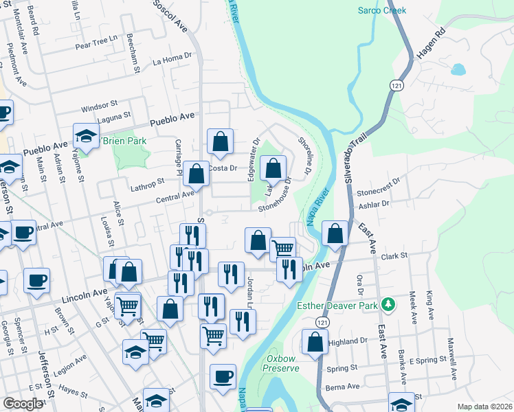 map of restaurants, bars, coffee shops, grocery stores, and more near 700 Stonehouse Drive in Napa