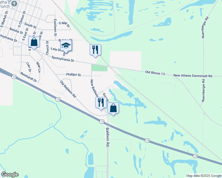 map of restaurants, bars, coffee shops, grocery stores, and more near 2820 Scenic Lake Drive in New Athens