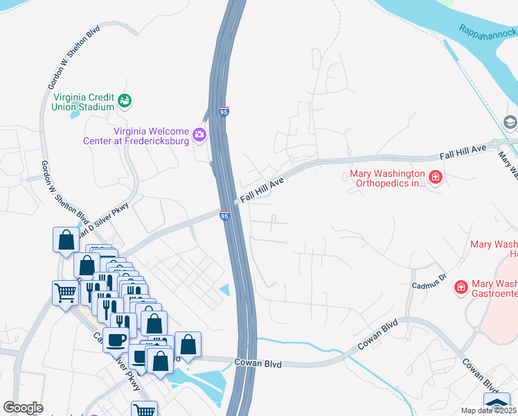 map of restaurants, bars, coffee shops, grocery stores, and more near 1002 Heritage Park Drive in Fredericksburg