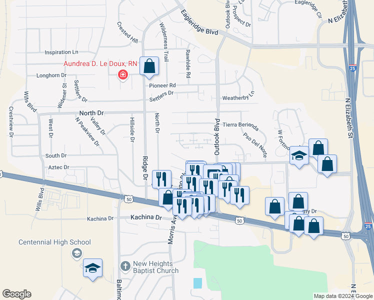 map of restaurants, bars, coffee shops, grocery stores, and more near 27 Frances Place in Pueblo