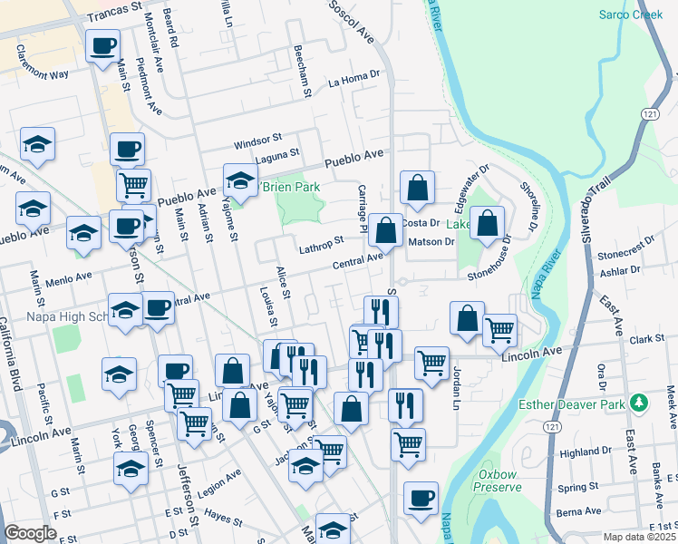 map of restaurants, bars, coffee shops, grocery stores, and more near 770 Lincoln Avenue in Napa
