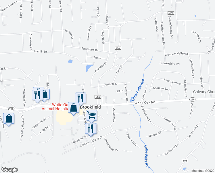 map of restaurants, bars, coffee shops, grocery stores, and more near 20 Pribble Lane in Fredericksburg