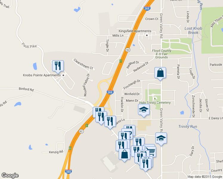 map of restaurants, bars, coffee shops, grocery stores, and more near Route 62 in New Albany