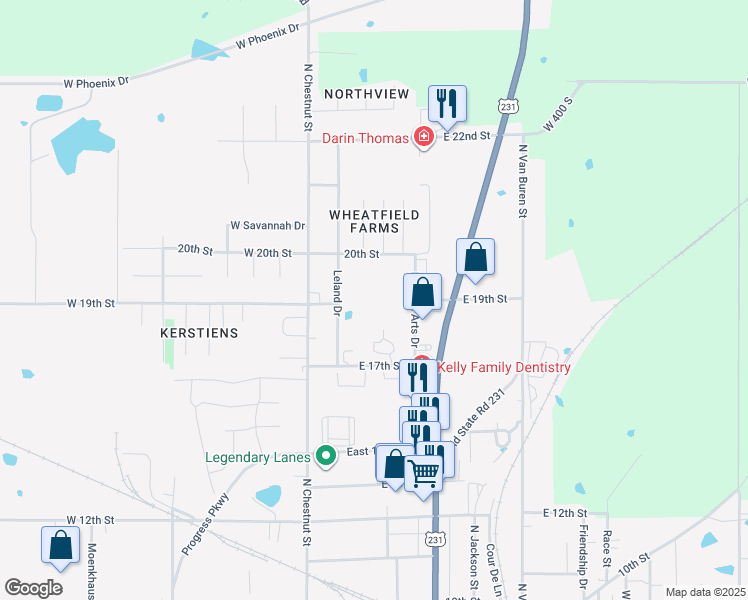 map of restaurants, bars, coffee shops, grocery stores, and more near 1900 Medical Arts Drive in Huntingburg