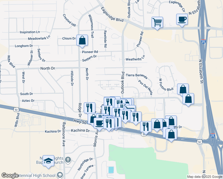 map of restaurants, bars, coffee shops, grocery stores, and more near 1515 Outlook Boulevard in Pueblo