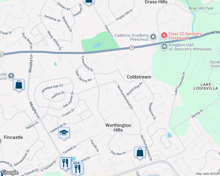 map of restaurants, bars, coffee shops, grocery stores, and more near 4708 Rustburg Place in Louisville